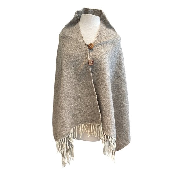 Gray Knit Shawl Wrap with Fringe & Button Closure – Cozy Boho Cape Poncho - Picture 1 of 5